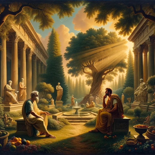 Epicurus and Epictetus in a Roman garden engaged in a philosophical debate, with symbols of tranquility and resilience representing their philosophies, in 1960s epic film style.