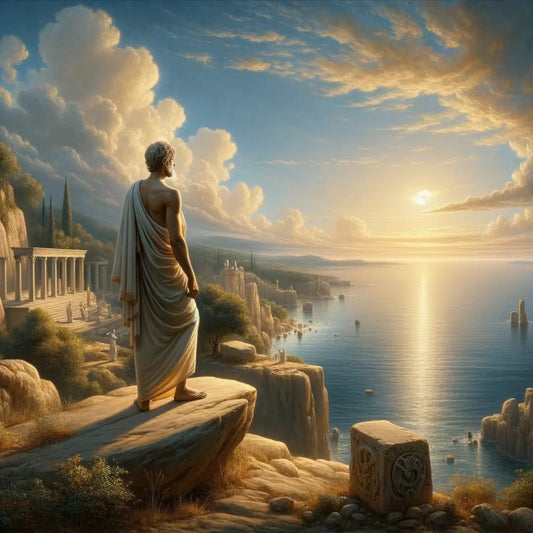 A serene Roman philosopher stands on a cliff overlooking a calm sea under a clear sky, depicted in the style of 1960s historical film epics.