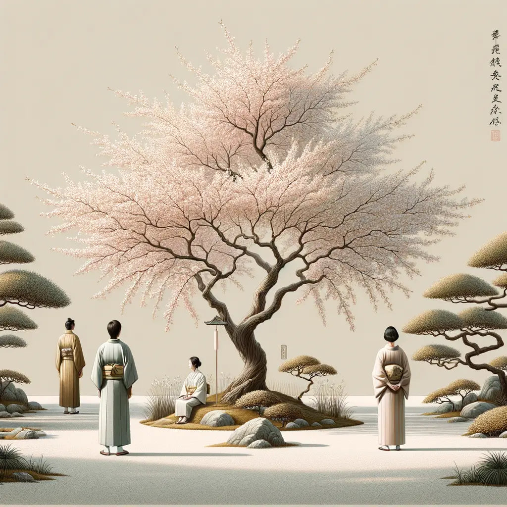 Ein minimalistischer japanischer Garten mit Kirschbäumen in voller Blüte und ruhigen Zuschauern in traditioneller Kleidung, die die natürliche Schönheit bewundern.