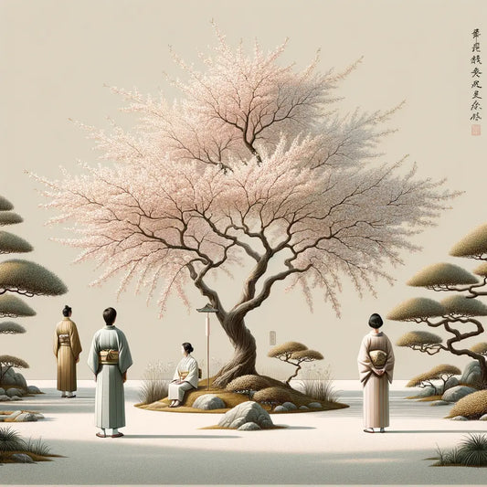 Ein minimalistischer japanischer Garten mit Kirschbäumen in voller Blüte und ruhigen Zuschauern in traditioneller Kleidung, die die natürliche Schönheit bewundern.