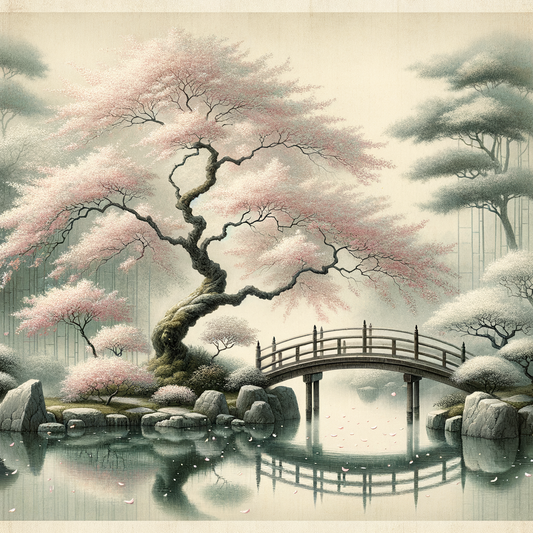 Ein minimalistischer japanischer Garten im Frühling, mit sanft fallenden Kirschblüten, die Ruhe und die Schönheit der Natur zeigend.