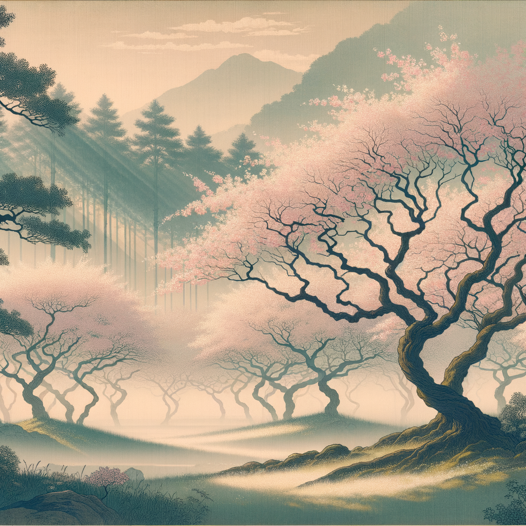 Ein weitläufiges Feld von Kirschblütenbäumen in voller Blüte im frühen Morgenlicht, mit zarten rosa Blütenblättern, die die Eleganz und Vergänglichkeit der Natur widerspiegeln.