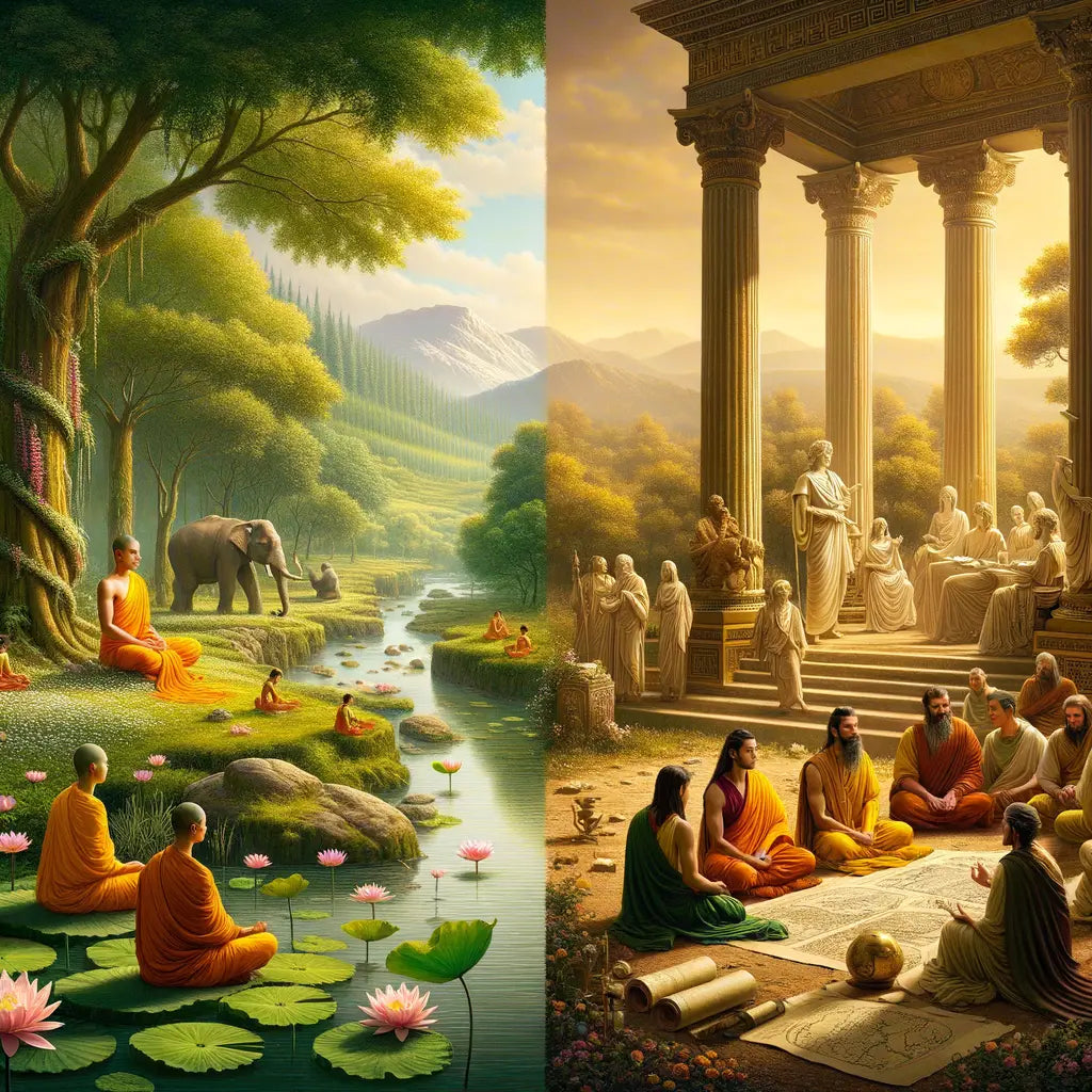 Ancient Indian monks meditating by a stream and Greek philosophers debating by a temple.