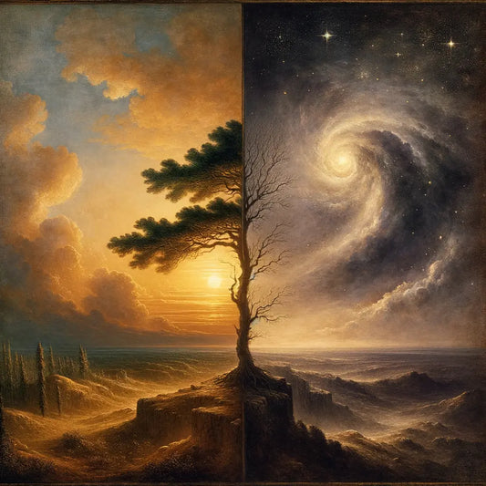 Cinematic split screen showing a Stoic evergreen tree in a storm on one side, and a Nihilistic starless sky on the other, reminiscent of classic historical films.