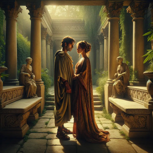 Romantic couple in Roman garden, embodying stoic love, in the style of 1960s historical epics.