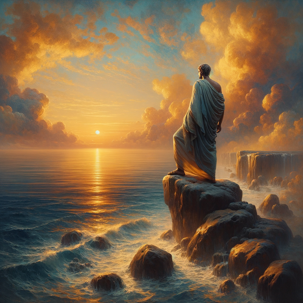 A Roman philosopher in toga stands on rocky shore, gazing at a tranquil sunset over the sea, symbolizing serenity and reflection in a 1960s historical epic style.