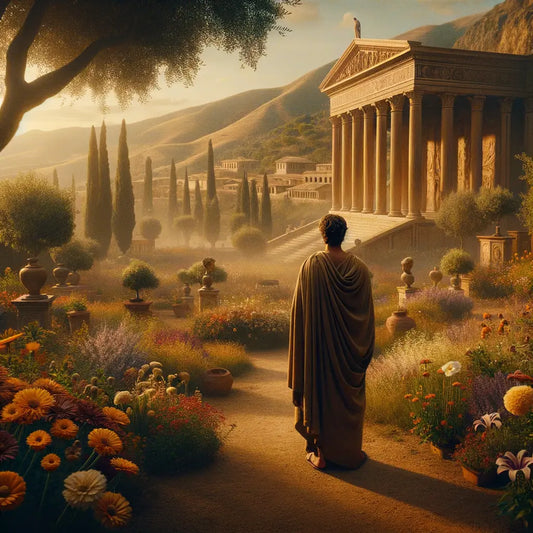 Roman philosopher in a serene garden with blooming flowers, symbolizing life's transient beauty and Stoic philosophy, in the style of 1960s historical films.