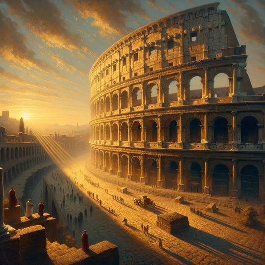 The Roman Colosseum at sunrise, with long shadows and ancient arches highlighted, reminiscent of 1960s historical film epics.