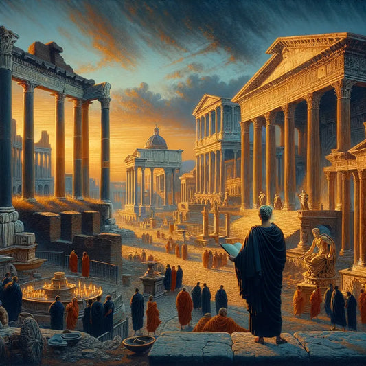 A panoramic evening view of the Roman Forum, with golden sunlight on ancient columns and arches, capturing a Roman scene reminiscent of classic 1960s films.