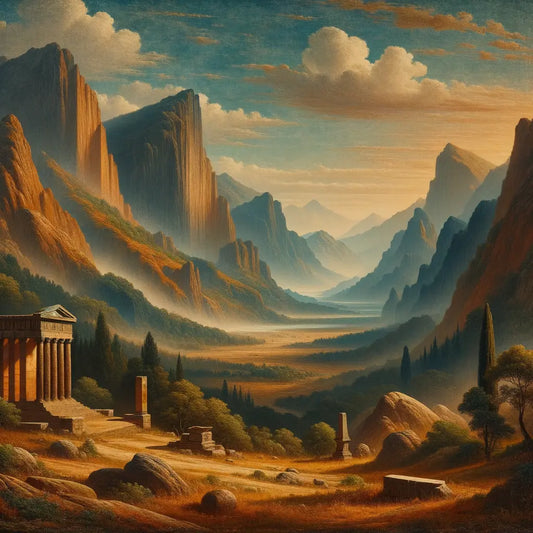 Serene mountain landscape symbolizing calmness and emotional control, inspired by the stoic demeanor, in the style of 1960s historical films.