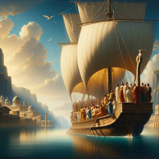 A Roman ship sailing on a tranquil sea, symbolizing Stoicism's calm grace, with a distant Roman port city, inspired by 1960s historical film style.