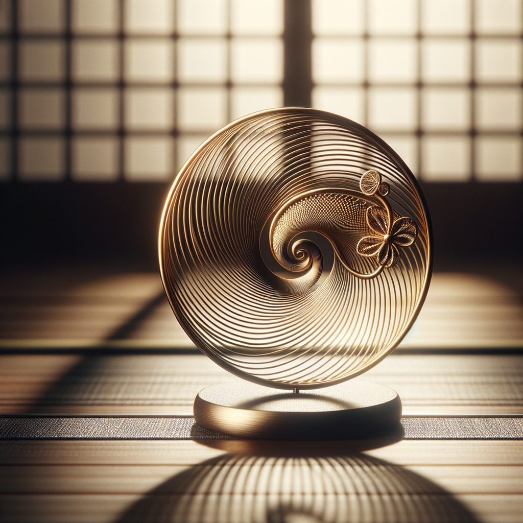 Ein minimalistisches Bild eines traditionellen japanischen Schmuckstücks mit einem spiraligen Muster, das die Essenz von 'Uzumaki' einfängt, auf einem dunklen Holzuntergrund in sanftem Licht.
