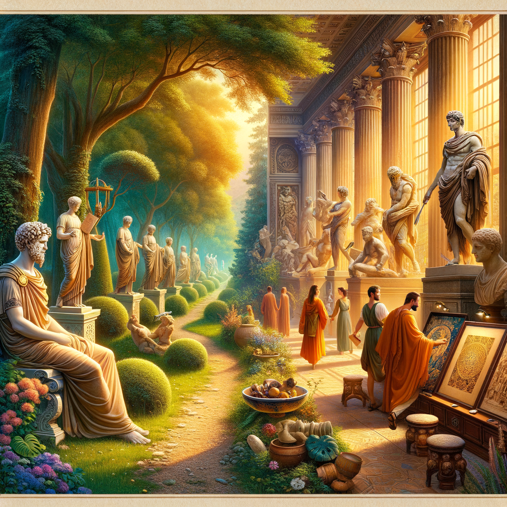 A serene garden path and lively museum display combined in an epic painting, symbolizing Stoic philosophy with nature and culture elements.