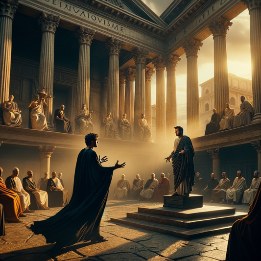 Nietzsche and Epictetus engaged in a philosophical debate in an ancient Roman forum, symbolizing emotional chaos versus stoic calm.