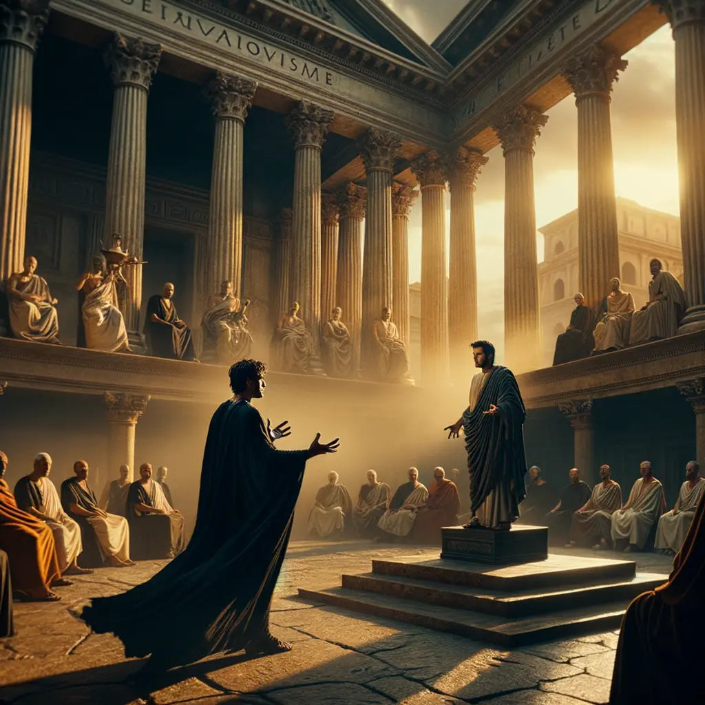 Nietzsche and Epictetus engaged in a philosophical debate in an ancient Roman forum, symbolizing emotional chaos versus stoic calm.