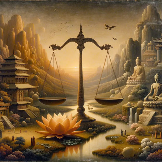 Abstract intertwining of Pyrrhonism and Buddhism symbols with a serene background reflecting tranquility and inner peace, reminiscent of 1960s historical film style.