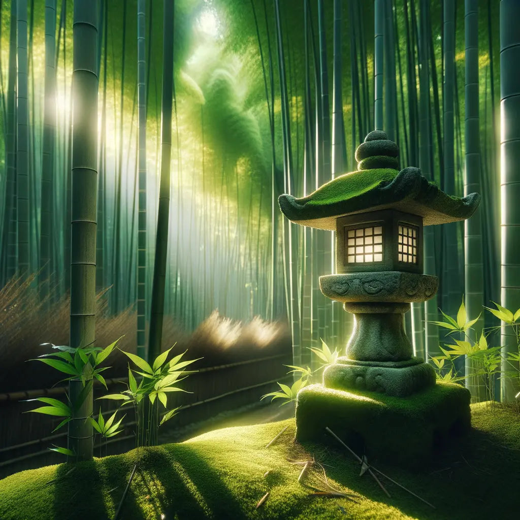 A tranquil bamboo forest with a stone lantern, representing traditional Japanese culture.