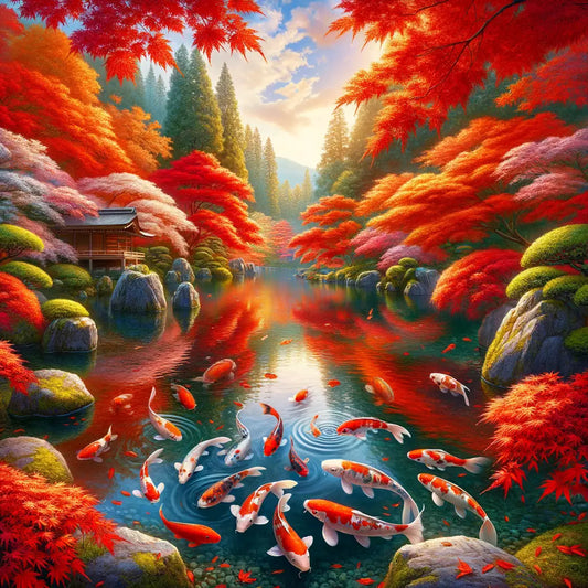 A tranquil koi pond in an autumn setting, reflecting Japanese cultural beauty
