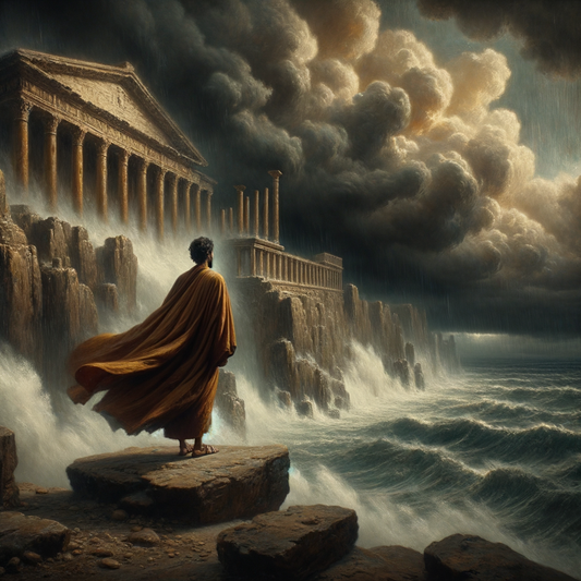 A stoic philosopher in a billowing toga stands calmly on a stormy ancient Roman cliff, encapsulating the essence of tranquility amidst chaos, in the style of 1960s historical epics.