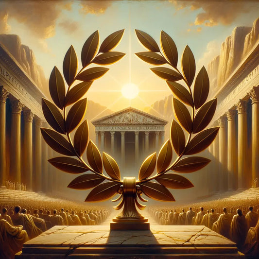 A minimalist laurel wreath jewellery piece symbolizing victory and wisdom, set against an ancient Roman-inspired backdrop in a style evocative of 1960s historical films.
