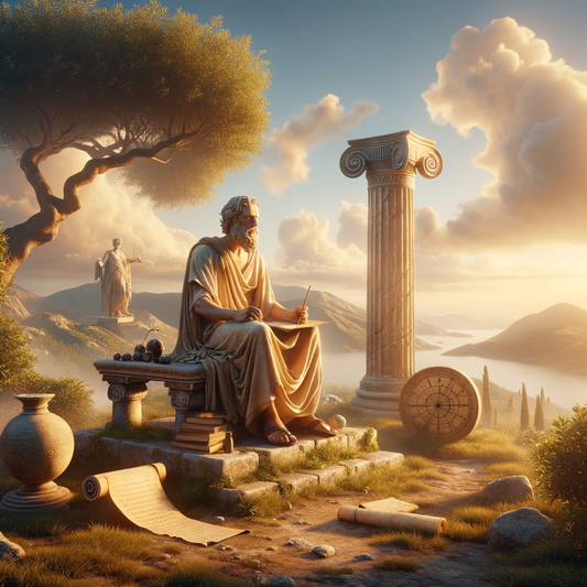 An ancient Greek philosopher in meditation, surrounded by symbols of wisdom, set in a classical landscape reminiscent of 1960s historical films.