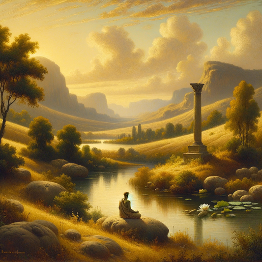 A serene landscape with Stoic and Buddhist symbols, blending in harmony under soft light, representing shared paths to peace.