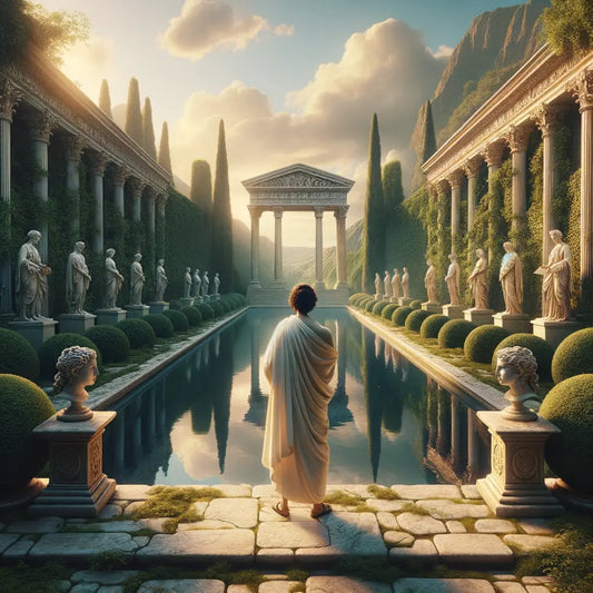 An ancient Roman philosopher in a white toga stands thoughtfully in a peaceful garden, evoking Stoic wisdom and tranquility, styled like a 1960s historical epic film.