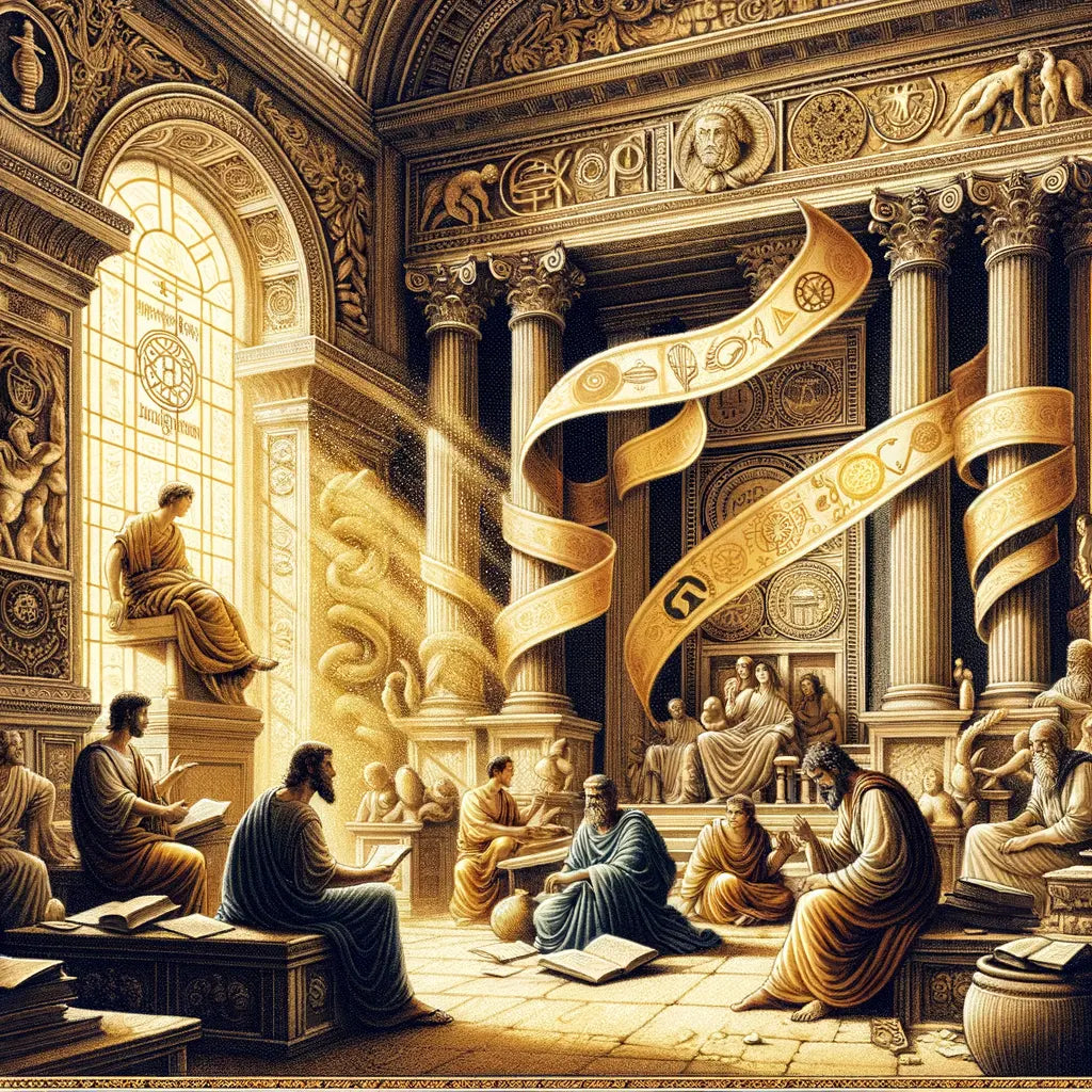 Illustration of ancient scrolls with Stoic and Christian symbols, set in a grand Roman library with philosophers and early Christians in discussion, inspired by 1960s historical epic style.