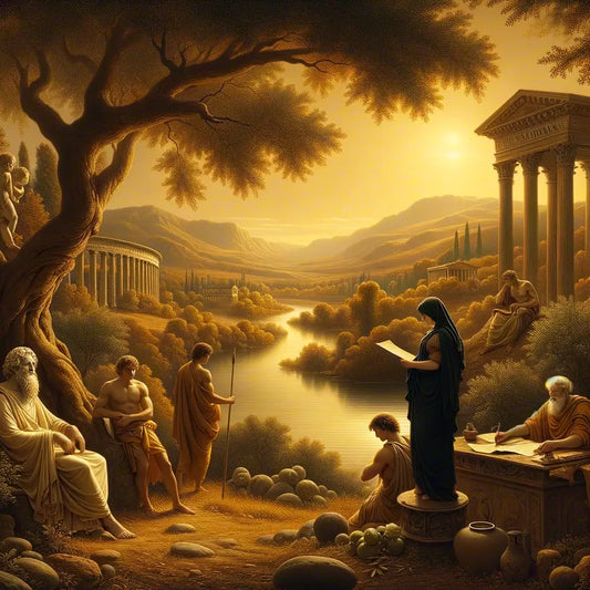A serene Roman landscape with a river symbolizing Stoic love, philosophers in togas, and a warm, golden sky, inspired by classic historical films of the 1960s.