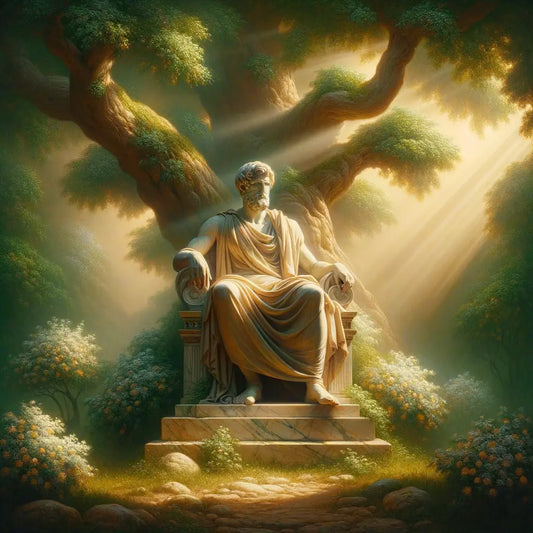 Statue of a Stoic philosopher under a blooming tree in a Roman garden, capturing the philosophical essence in the style of 1960s historical films.