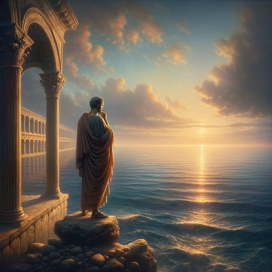 A Roman philosopher in a toga gazes over a calm sea with a bright horizon, symbolizing serenity and Stoicism, reminiscent of 1960s historical epics.