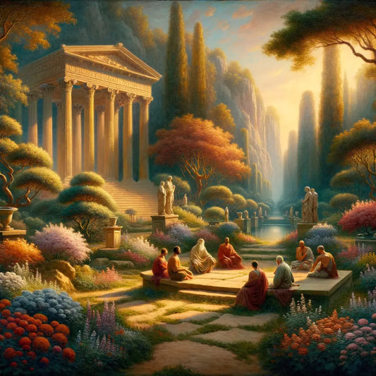 A peaceful garden with philosophers and monks, featuring elements of Greek and Asian architecture, inspired by 1960s historical film epics.