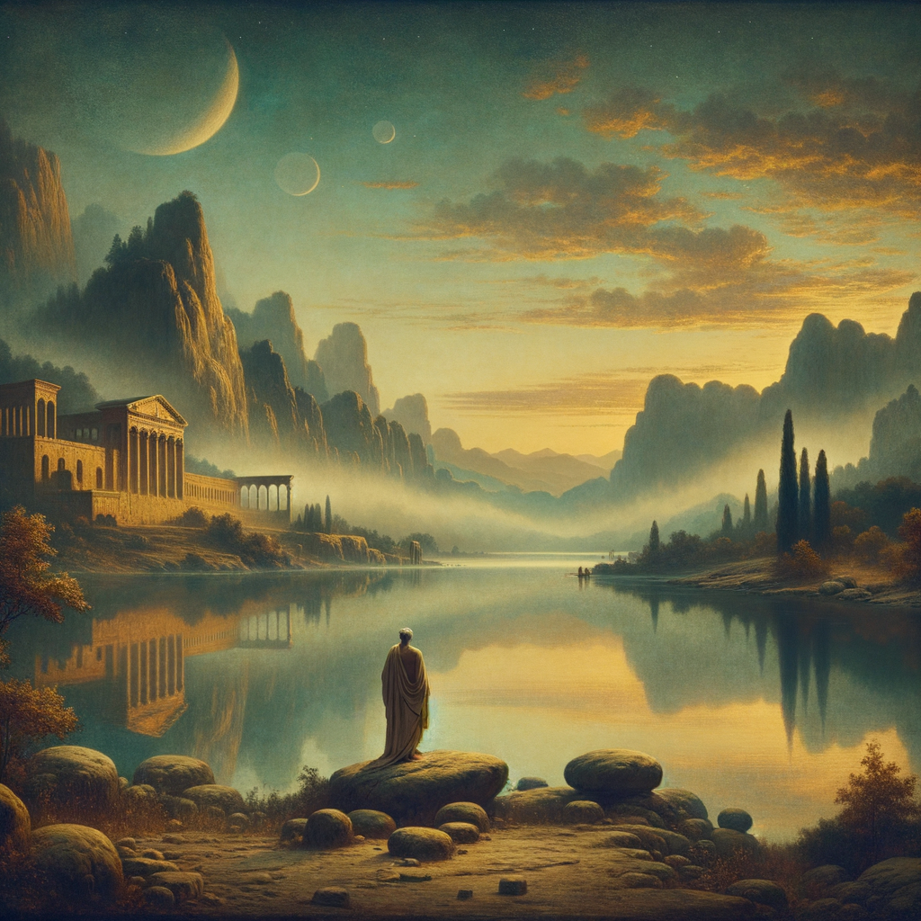 A serene lake with a misty morning atmosphere, calm surface, and distant Roman architecture, inspired by the style of classic 1960s historical films.