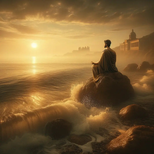 Roman philosopher meditating by the Adriatic Sea at sunrise, conveying tranquility, in the style of a classic historical epic film.