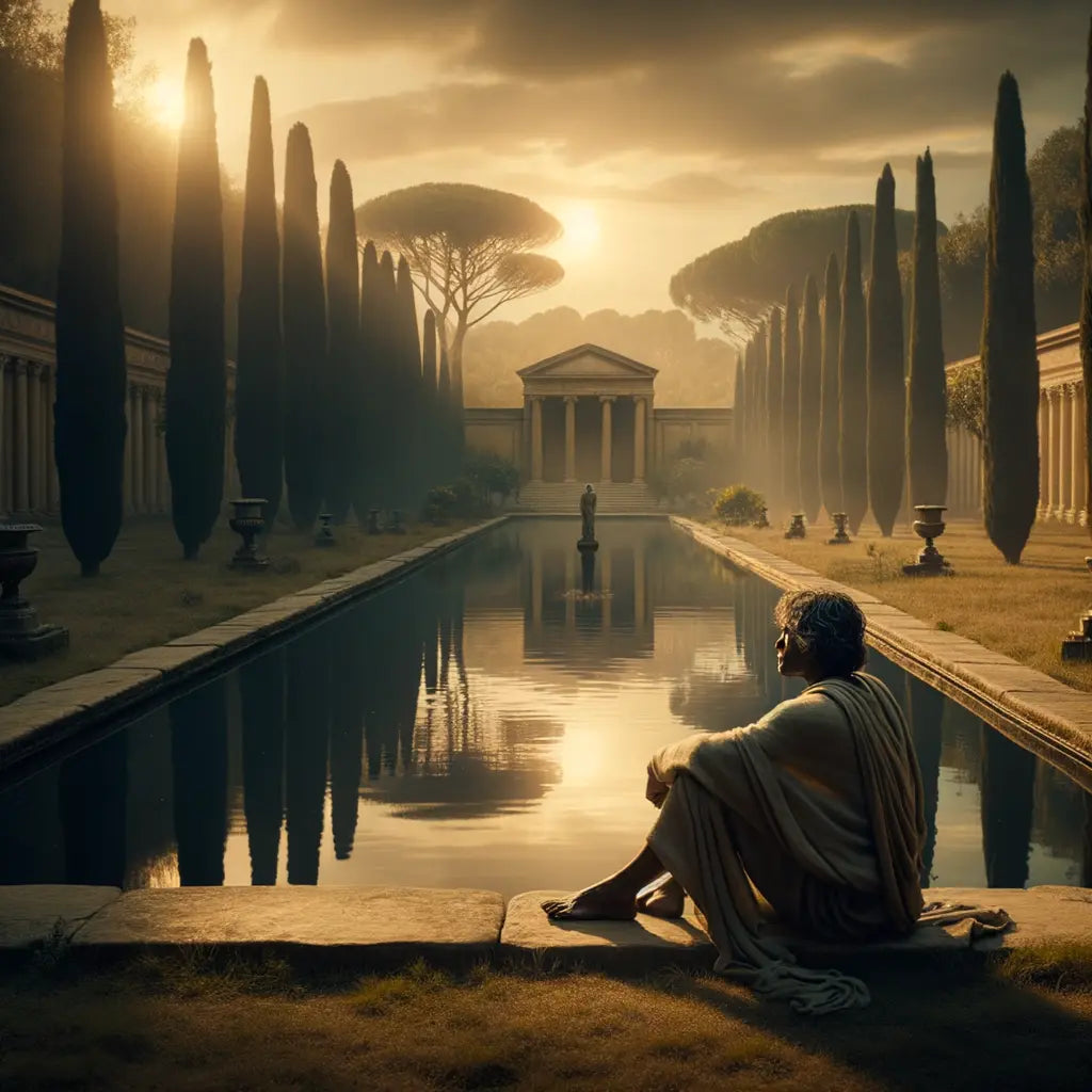 An individual in a Roman garden sits thoughtfully by a pond, symbolizing stoic tranquility.