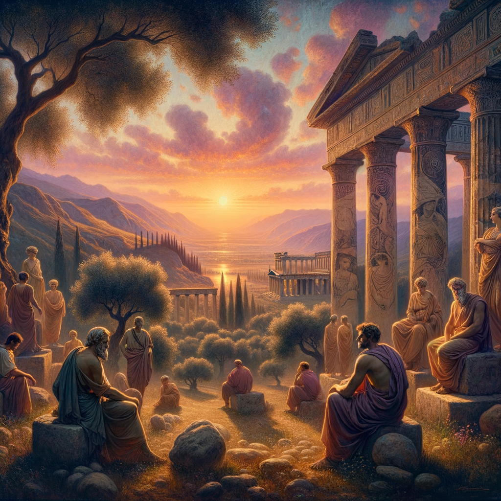 Ancient Greek ruins at sunrise in a tranquil landscape, reminiscent of 1960s historical epics, symbolizing timeless wisdom and inner peace.