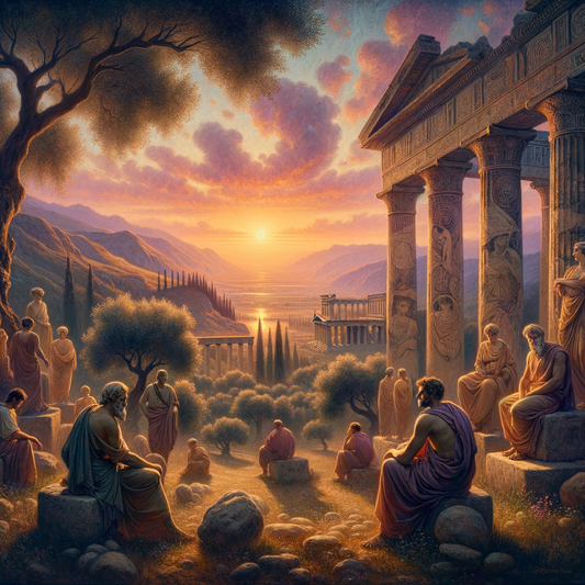Ancient Greek ruins at sunrise in a tranquil landscape, reminiscent of 1960s historical epics, symbolizing timeless wisdom and inner peace.