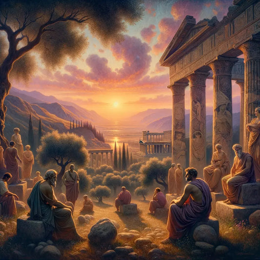 Ancient Greek ruins at sunrise in a tranquil landscape, reminiscent of 1960s historical epics, symbolizing timeless wisdom and inner peace.