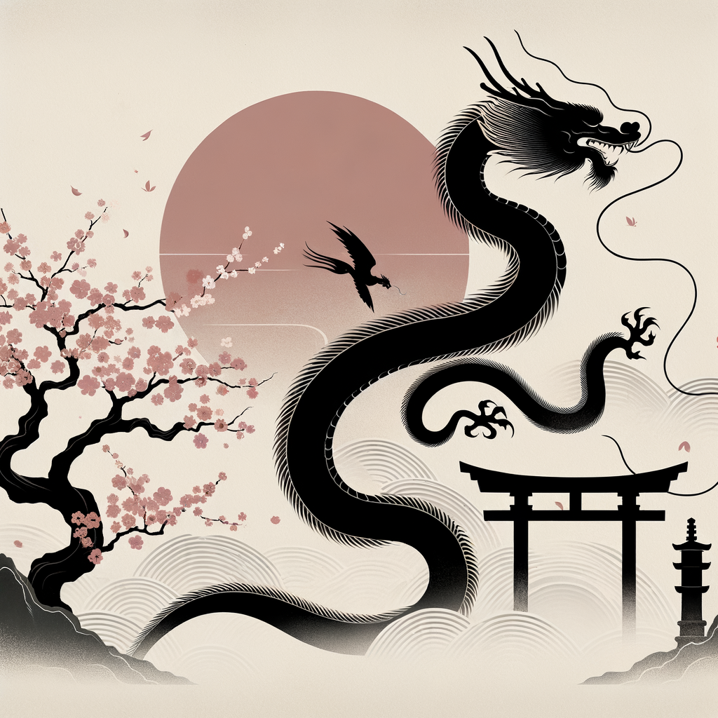 Ein eleganter japanischer Drache, der sich durch Kirschblüten und ein Torii-Tor schlängelt, minimalistisch und kraftvoll.