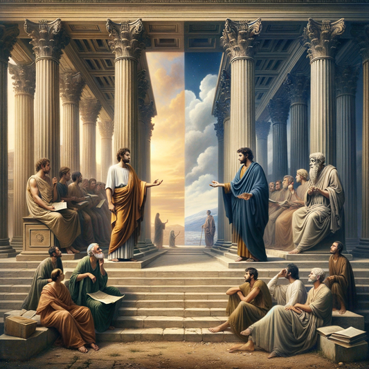 Marcus Aurelius and Jesus depicted together in an ancient forum, symbolizing the connection between Stoicism and Christianity, in a cinematic 1960s epic style.