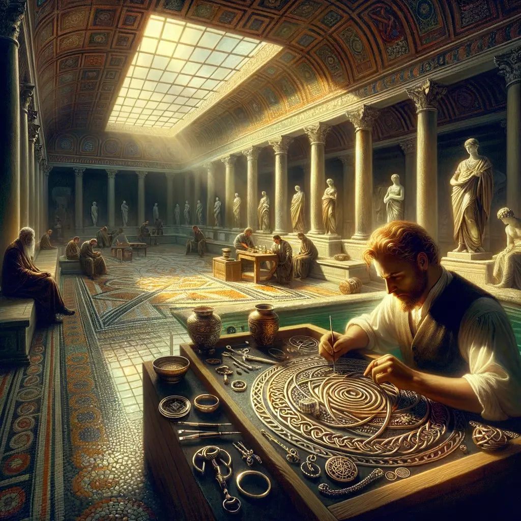 A Roman artisan crafting silver jewelry with Celtic knots and the Triskelion, set in a Roman villa with rich, warm lighting.