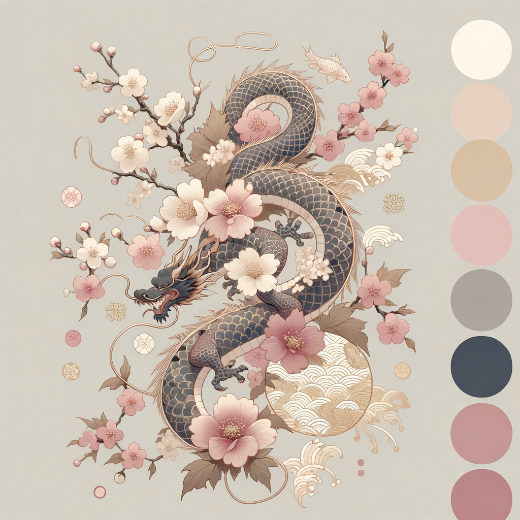 Ein traditionelles japanisches Schmuckstück mit Sakura-Blumen, Drachenmotiv und Koi-Fischmustern in dezenter Ästhetik.