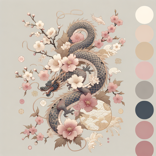 Ein traditionelles japanisches Schmuckstück mit Sakura-Blumen, Drachenmotiv und Koi-Fischmustern in dezenter Ästhetik.