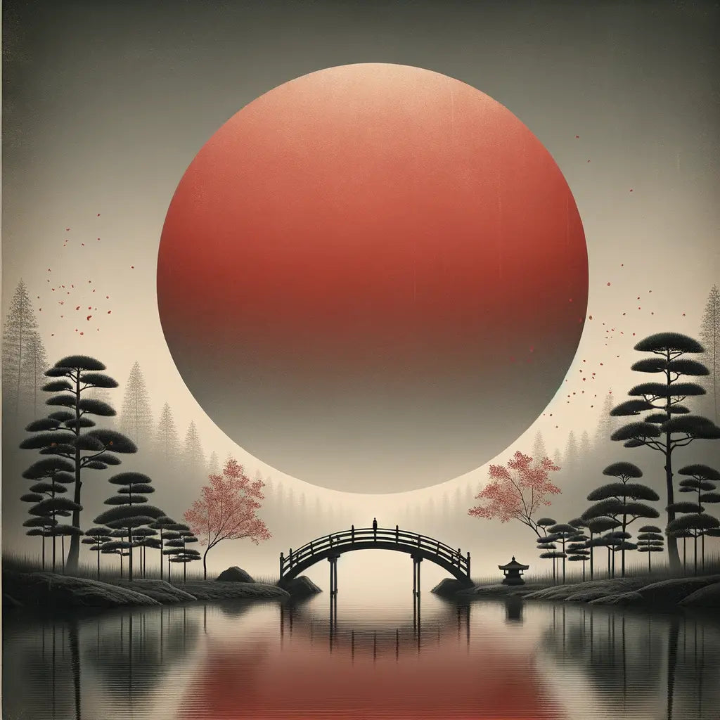 Ein minimalistisches japanisches Landschaftsbild mit roter untergehender Sonne, ruhiger Teich und Holzbrücke, inspiriert von 'Grave of the Fireflies.'