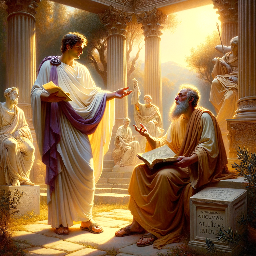 An ancient Roman philosopher and biblical scholar engaged in a contemplative discussion, symbolizing the fusion of Stoic and biblical ideas, depicted in the style of classic 1960s historical films.