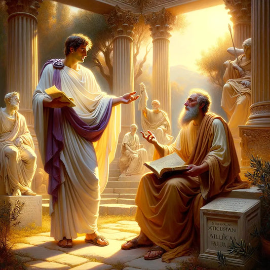 An ancient Roman philosopher and biblical scholar engaged in a contemplative discussion, symbolizing the fusion of Stoic and biblical ideas, depicted in the style of classic 1960s historical films.