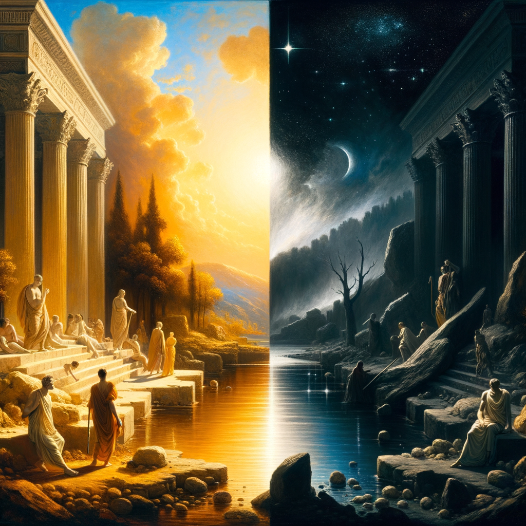 A river signifying Stoicism and a starless sky representing Nihilism, illustrating philosophical contrast in a cinematic, epic style.