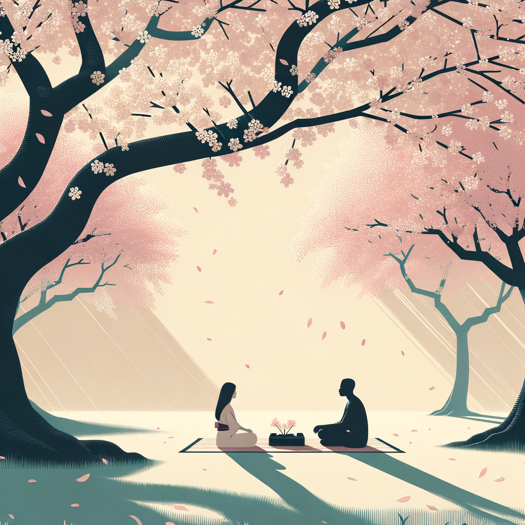 Ein minimalistischer Park in Japan mit einigen Kirschblütenbäumen und zwei Menschen, die unter dem rosa Blütendach Hanami genießen.