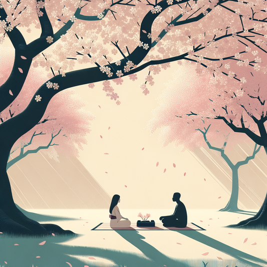 Ein minimalistischer Park in Japan mit einigen Kirschblütenbäumen und zwei Menschen, die unter dem rosa Blütendach Hanami genießen.