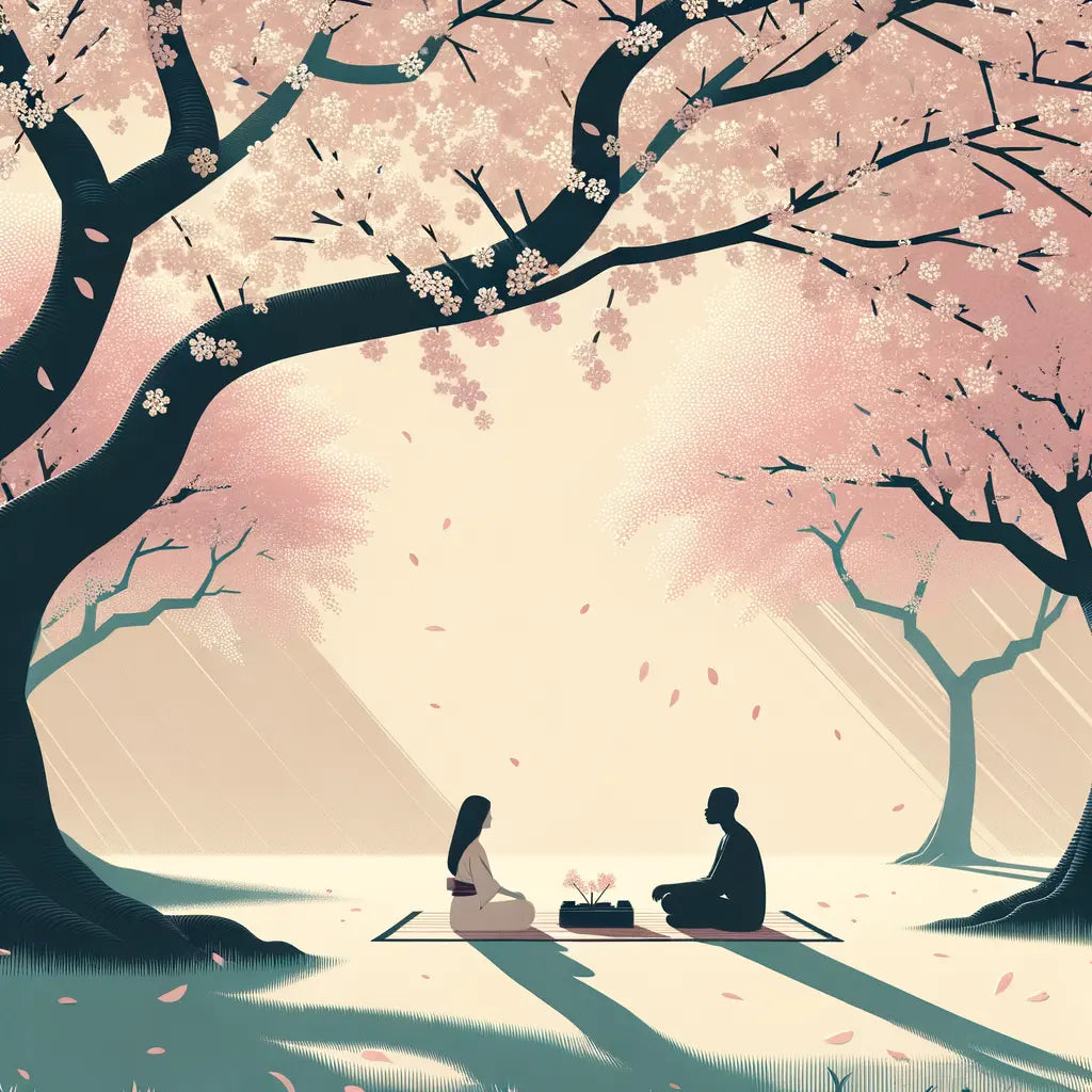 Ein minimalistischer Park in Japan mit einigen Kirschblütenbäumen und zwei Menschen, die unter dem rosa Blütendach Hanami genießen.